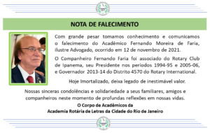 Falece Fernando Moreia de Faria, Imortalizado em 12 de novembro de 2021 na Cadeira nº 4