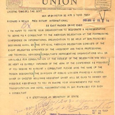 1945 – Telegrama convite para Rotary integrar Delegação para Carta das Nações Unidas