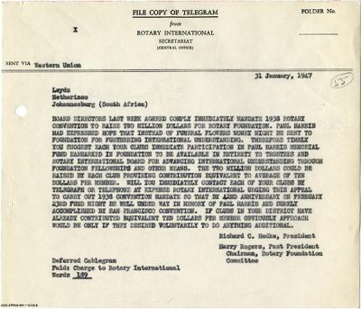 1947 – Telegrama de Richard C. Hedke Presidente de Rotary