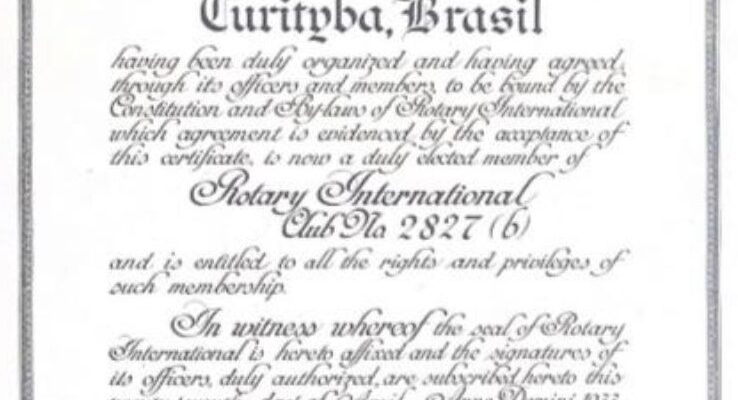 Rotary Club de Curitiba – Certificado de Admissão 1933, abr 27